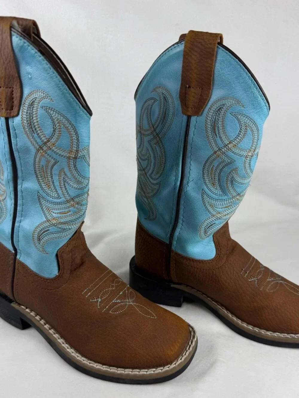 Old West Kids Cowboy Boots Size 10.5 D Brown Turquoise Square Toe Western VB9167